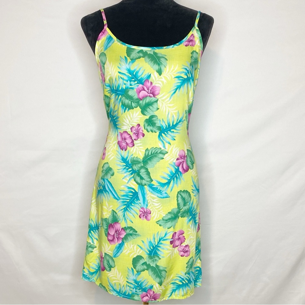 Vintage Y2K California Concepts Green Tropical Print Unlined Back Tie Mini Dress